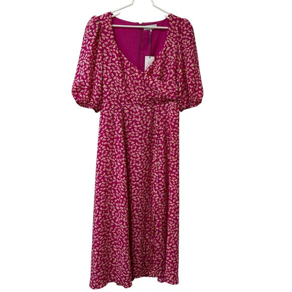 WAYF NWT Women Sz Medium Pink Ditsy Floral Faux Wrap Puff Sleeve Midi Dress Slit - Picture 1 of 8